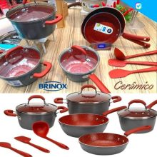 Jogo de Panelas Brinox Revestimento Cerâmico de Alumínio Vermelho e Cinza 8 Peças Ceramic Life Select