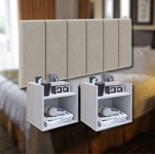 Conjunto Cabeceira Casal Modulada 140cm com Kit de Mesa de Cabeceira Suspenso com Porta Celular (Bege – Branco)