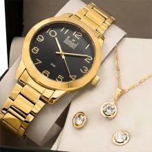 Kit Relógio Feminino Dumont Com Semi Joias Du2035mnt/k4k Cor Da Correia Dourado Cor Do Bisel Dourado Cor Do Fundo Preto