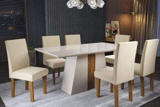 Mesa de Jantar 6 Cadeiras Retangular Off White Imbuia e Pastel Tampo de MDF com Vidro Viero Roma